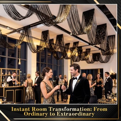 Breling 8 Pcs Black Ceiling Fringe Curtains, Metallic Foil Drapes, 15 ft - Image 3