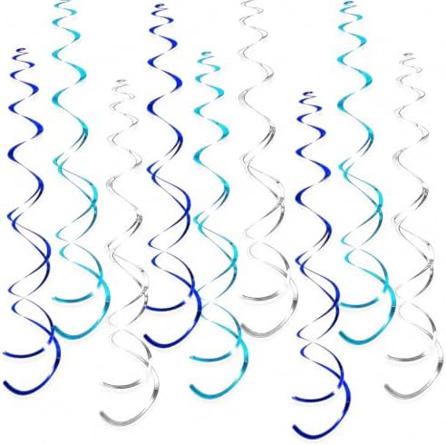 32 PCS Blue Lake Blue Silver Hanging Swirl Decorations, Sparkle Ceiling Swirls with Plastic Streamers for Graduation, Birthday, Wedding, Ocean Theme, Baby Shower, Winter, New Year by PARTVON