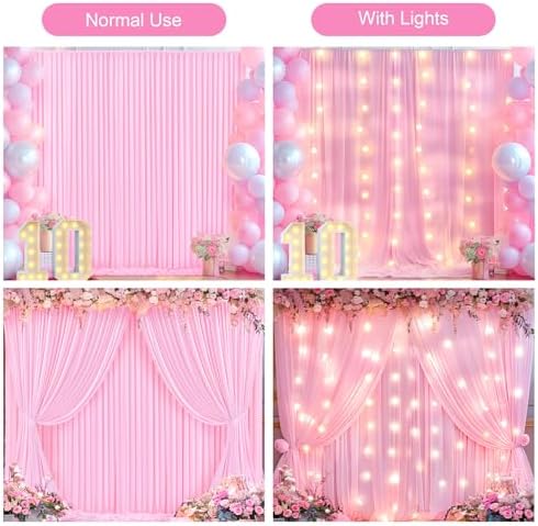 Pink Backdrop Curtain with Lights String for Parties,10x10FT Wrinkle Free Polyester Wedding Photo Backdrop Drapes for Baby Shower Birthday Ceremony Reception Home Party Decorations-5ft x 10ft,2 Panels - Image 4
