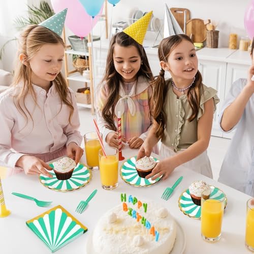 96PCS Green Party Paper Plates with Gold Scalloped Edge, Green Scalloped 9inch 7inch Dessert Paper Plates Party Supplies for Birthday Bridal Shower Picnic, Serve for 24 Guests, Striped - Image 7
