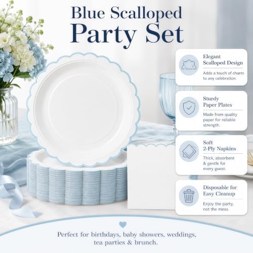 50 Pcs Blue and White Paper Plates and Napkins, 7 Inch Disposable Scalloped Plates & Napkins Party Supplies Cake Dessert Plate Tableware for Baby Shower Bridal Shower Wedding Birthday - Image 3