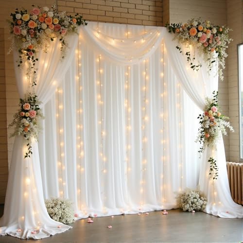30 x 10ft White Backdrop Curtains with Lights String for Party - Image 2