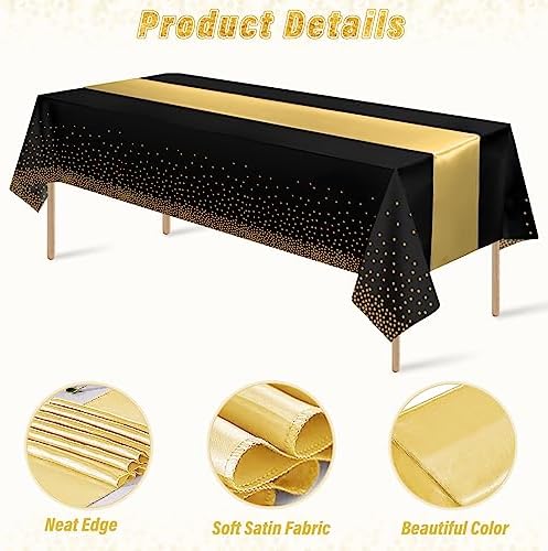24 Pack Black and Gold Tablecloth and Table Runner Set Party Decorations, Black and Gold Plastic Disposable Tablecloth and Satin Table Runner for Wedding Birthday Bridal Graduation Anniversary Party - Image 3
