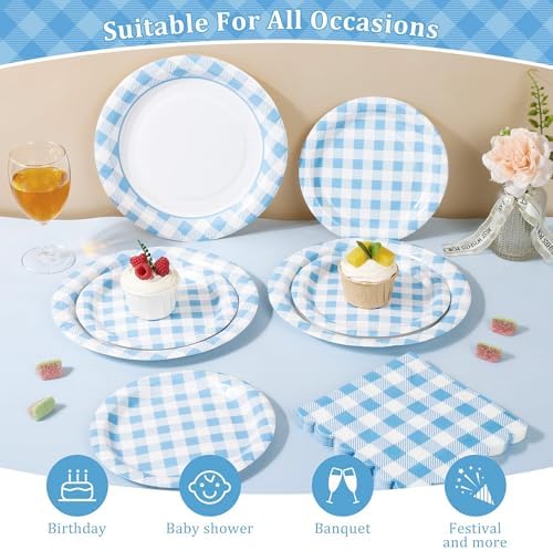 150 Pcs Light Blue Gingham Paper Plates and Napkins, Plaid Party Set - Image 3