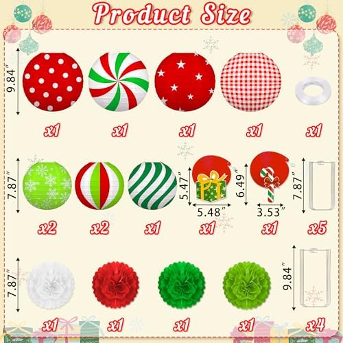 15PCS Christmas Decorations Ornaments Set – 9 Red White Green Paper Lanterns, 4 Pom Poms, 2 Hanging Swirls for Indoor, Home, Xmas Party, Porch Decor - Image 4