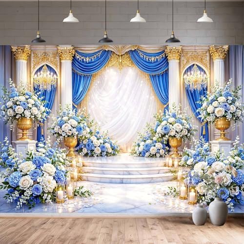 5X4ft European Palace Wedding Backdrop Blue and White Flower Wedding Party Decortions Photography Background Anniversary Birthday Baby Shower Girl Party Photo Booth Props Backdrops Wall Decor - Image 3