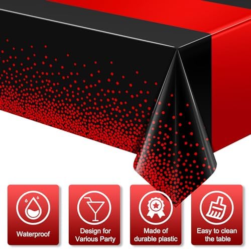 MASHAN 6Pcs Black and Red Tablecloth Party Decorations,Plastic Black Table Cloth Printed Red Table Runner Disposable Rectangle Cover for Birthday Weeding Anniversary Graduation Party,54 x108 Inch - Image 3