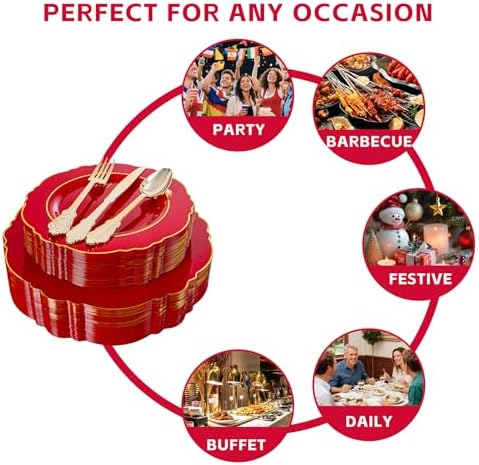 Liacere 350PCS Red Plastic Plates - Red Disposable Plates With Gold Rim - 50Guest Baroque Plastic Dinnerware include 100Plates-50Pack Pre Rolled Napkins with Silverware 50Cups for Independence Day - Image 5