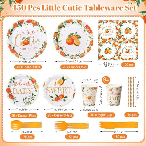 450 Pcs Little Cutie Baby Shower Tableware Set, Serve 50, Orange - Image 2