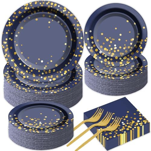 gisgfim 50 Guests Blue and Gold Party Supplies Decorations Tableware Set Blue and Gold Paper Plates Napkins Disposable Plates Graduation Tableware for Men Women Happy Birthday Party Decorations 200PCS by gisgfim