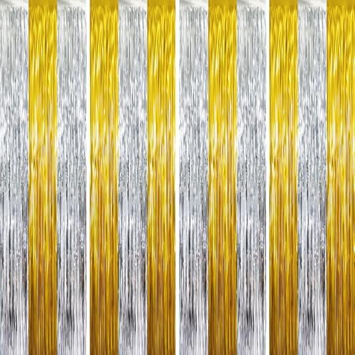 GOER Metallic Tinsel Foil Fringe Curtains Party Photo Backdrop Party Streamers for Birthday,Graduation,New Year Eve Decorations Wedding Decor (4 Packs,Gold&Silver) by GOER