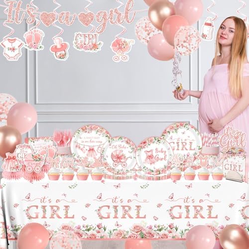 Its a Girl Baby Shower Decorations, Pink Floral Baby Shower Decorations for Girl Include Plates,Napkins,Banner,Balloons,Tablecloth,Cups,Hanging Swirl,Cake Topper,Honeycomb for Baby Girl Party Decor - Image 4