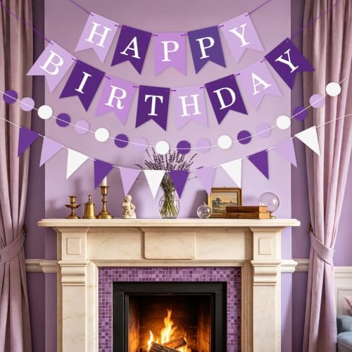 Purple Happy Birthday Banner Hanging Sign Circle Dot Triangle Bunting - Image 6