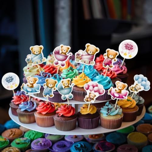 Gyufise 36Pcs Bear Cupcake Toppers Bear Cupcake Picks Baby Carriage Bottle Balloon We can Bearly Wait Cake Decorations for Baby Shower Gender Reveal Kids Birthday Party Supplies Blue Pink Coffee - Image 5
