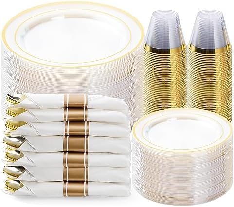 BESTVIP 350 Piece Clear Gold Plastic Dinnerware Set for 50 Guests by Bestvip