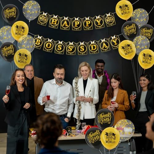 Konsait Happy Boss Decorations - Black & Gold Banner, Balloons & Office Decor Supplies for National Boss Day - Image 5