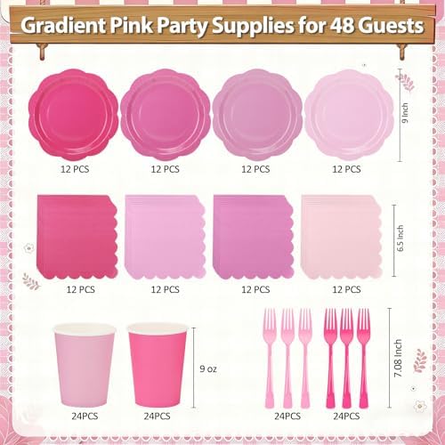 Pink Plates and Napkins Party Supplies, 9’’Disposable Pink Paper Plate, Gradient Pink Party Decorations Tableware Set for Birthday, Baby Shower, Wedding, Serves 48 - Image 2