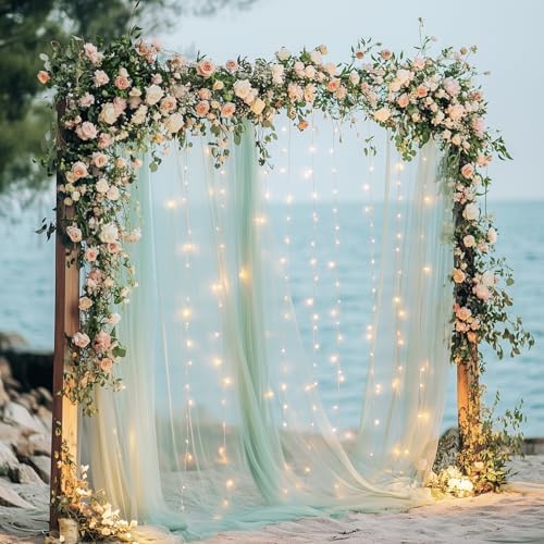 Tulle Backdrop Curtain with Lights 10x8FT Sage Green Sheer Curtains - Image 7