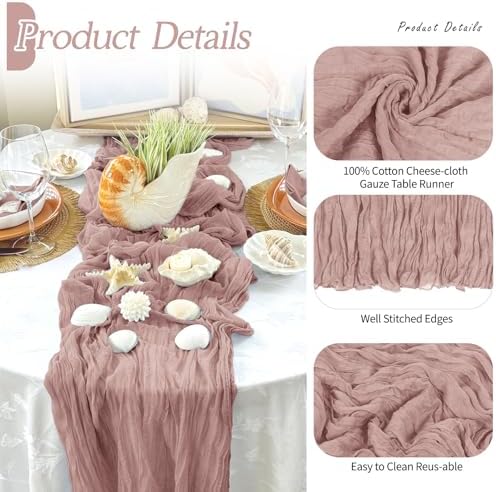3 Pack Dusty Pink Cheesecloth Table Runner 17x108 Inch Semi Sheer Boho Gauze Cheese Cloth Fabric Table Runners Table Decor for Wedding Party Baby Shower Birthday Home Decor Garden Farmhouse - Image 3