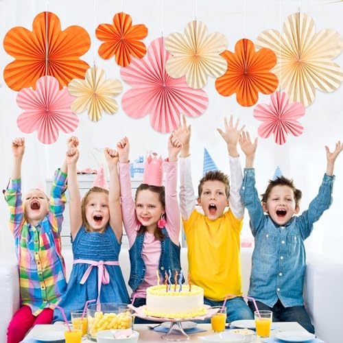 SUNBEAUTY Paper Flowers Decorations Pink and Orange for Wall Paper Fans Classroom Decoration Paper Floral Backdrop Decor Paper Fans Decor Hanging Paper Fans Orange Flower Wall Decor Set of 9 - Image 6