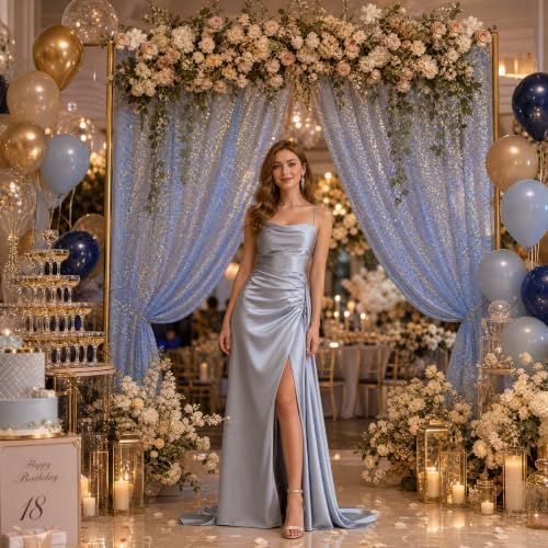 Bupelo Blue Tulle Backdrop Curtains with Gold Foil 15x8ft Sheer Curtain - Image 3