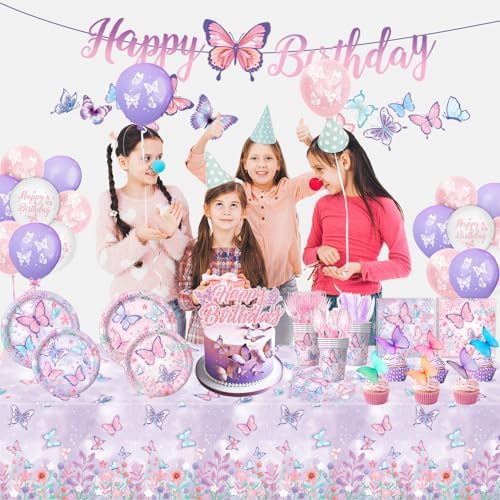 Butterfly Birthday Decorations, Girls Birthday Supplies - Plates, Napkins, Cups, Cutlery, Cake & Cupcake Toppers, Banner, Hanging Swirls, Tablecloth, Balloons for Butterfly Party Decorations, Serve 20 - Image 6