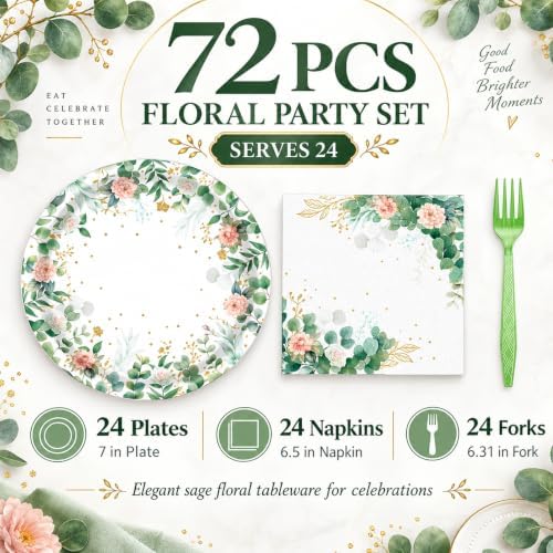 72 Pcs Sage Green Floral Plates Napkins and Forks Set, 7 Inch, Serves 24 - Image 2