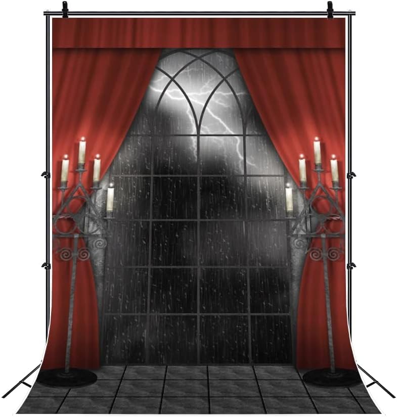 Renaiss 4x6ft Vintage Gothic Window Backdrop Red Curtain Candlestick Black Floor Lightning Stormy Sky Vampire Medieval Castle Photography Background Halloween Dress Up Party Decors Photo Booth Props - Image 7