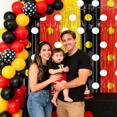 2 Packs Red Black Yellow Foil Fringe Curtain, Mouse Polka Dots Glitter Metallic Tinsel Backdrop for Birthday Baby Shower Cartoon Mouse Party Decorations Supplies - Image 4