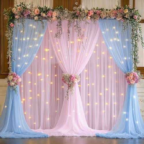 10x10ft Baby Pink Blue Tulle Backdrop Curtain with Lights String for Parites, Sheer Photo Backdrop Drapes with Lights for Wedding Backdrop Ceremony Reception Bridal Shower Baby Shower Birthday Party - Image 6