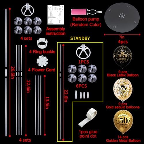 TONIFUL 4 Set 50th Birthday Decor Printed 1976 Black Gold Balloon Stand - Image 2