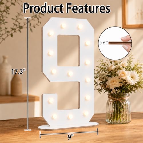 Pooqla 9th Birthday Decorations, 17.3 in White Wooden Light Up Numbers 9 - Image 4