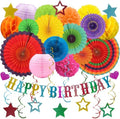 Multicolored Birthday Party-Decorations - 32pcs Colorful Fiesta Mexican Party Decorations for Men Women Boys Girls, Happy Birthday Banner Paper Streamers Lanterns Tissue Pom Poms - ZERODECO by ZERODECO