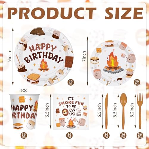 Yungyan 252 Pcs S'mores Camping Birthday Party Tableware Set Included Plates Napkins Cups Forks Knives Cutlery for Party Decorations Supplies 36 Guests - Image 2
