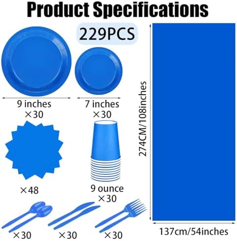 229PCS Blue Party Supplies Set Disposable Paper Plates Cups - Image 2