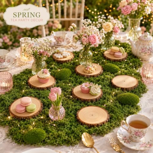 10 Wood Slices with Faux Moss, Moss Table Decor Centerpiece Kit - Image 5