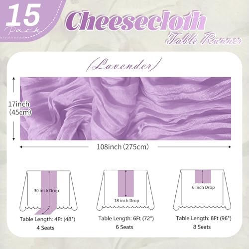 15 Pack Lavender Cheesecloth Table Runner 17 x 108 inch Cheese Cloth Table Runners 9ft Lavender Table Runner Rustic Romantic Sheer Gauze Runner for Wedding Party Baby Shower Table Decoration - Image 2
