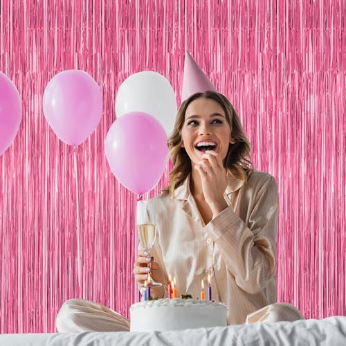 4 Pack Birthday Decorations, 3.28 FT x 7.05 FT Pink Backdrop, Metallic Happy Birthday Backdrop Fringe Curtains Party Streamer, Bachelorette Party Decorations Princes Birthday Valentines Party Decor - Image 5