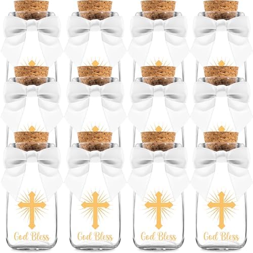 Ethisa Vintage 12 Pack Baptism Glass Bottles with Ribbons and Stickers - Classy God Bless Party Favors for Baptism and 1st Communion - Bautizo Table Centerpiece Decoration - Baby Christening Candy Jar by Ethisa