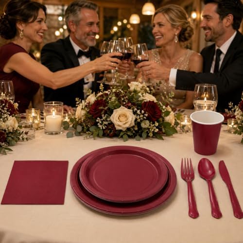 168Pcs Burgundy Plates and Napkins Party Supplies, Serves 24 - Image 6