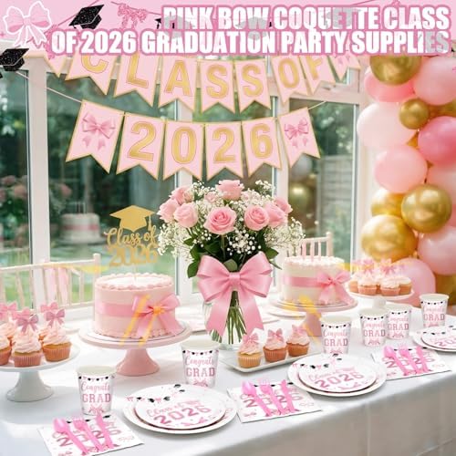 168 Pink Graduation Decor Pink Bow Class of 2026 Party Supplies - Image 5