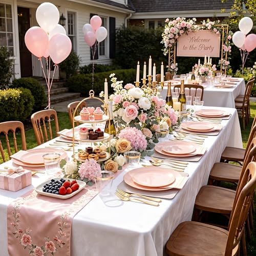 NOCCUR 350PCS Pink Plates Disposable - Pink Gold Plastic Dinnerware Set for 50 Guests Include 100 Dinner/Dessert Plates,150 Cutlery,50 Cups&50 Napkins - Ideal for Party/Wedding/Mother's Day - Image 5