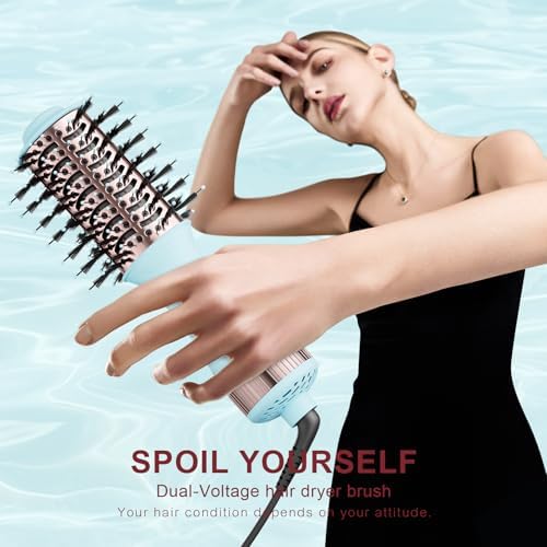 Travel Dual Voltage Hair Dryer Brush 4-in-1 Portable Mini Hot Air Blow Dryer Straightener & Curler Brush, Titanium Round Blowout Styler Volumizer Tools, 110/240V US/EU/UK -Baby Blue & Rose Gold - Image 2