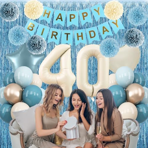 Dusty Blue 40th Birthday Party Decorations Men Beige Number 40 Balloon - Image 3