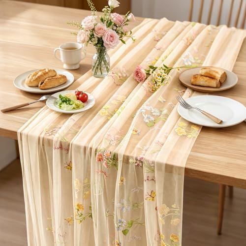 BINBE 3pcs Champagne Florals Table Runner Embroidery Gauze 10FT Daisy Seasonal Tulle Birthday Wedding Holiday Kitchen Dining Table Decor for Home Party - Image 4