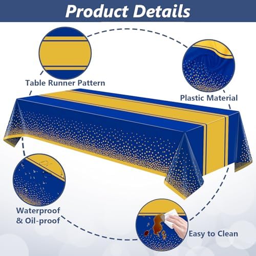 LANLISA Blue and Gold Tablecloth Graduation Decorations 2025 2 Pack, Disposable Plastic Table Cloths for Birthday Masquerade Retirement Party Decor - Image 5