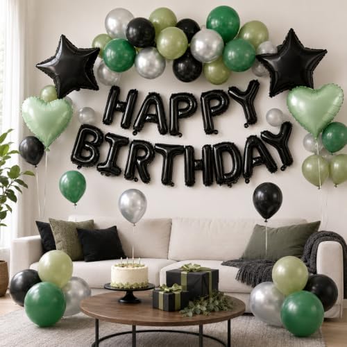 Black Green Birthday Decortions, Star Heart Foil Balloons for Boys Men - Image 5
