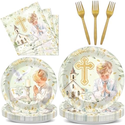 96Pcs First Communion Plates and Napkins for Baptism God Bless Party Supplies Green Mi Primera Comunion Paper Dessert Plates Tableware Set for Boy 24 Guests Baby Birthday Christening Party Decorations by CHUNNIN
