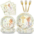 96Pcs First Communion Plates and Napkins for Baptism God Bless Party Supplies Green Mi Primera Comunion Paper Dessert Plates Tableware Set for Boy 24 Guests Baby Birthday Christening Party Decorations by CHUNNIN