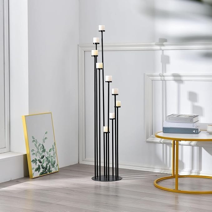 Set of 10 Black Floor Candle Holders, 9 Arm Candelabra - Image 6